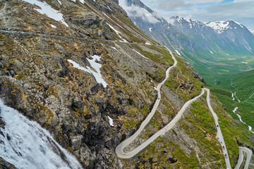 Switchbacks of the narrow mountain road at the Trollstigen