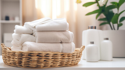 Fototapeta na wymiar clean towels stacked in a wicker basket, bright bathroom