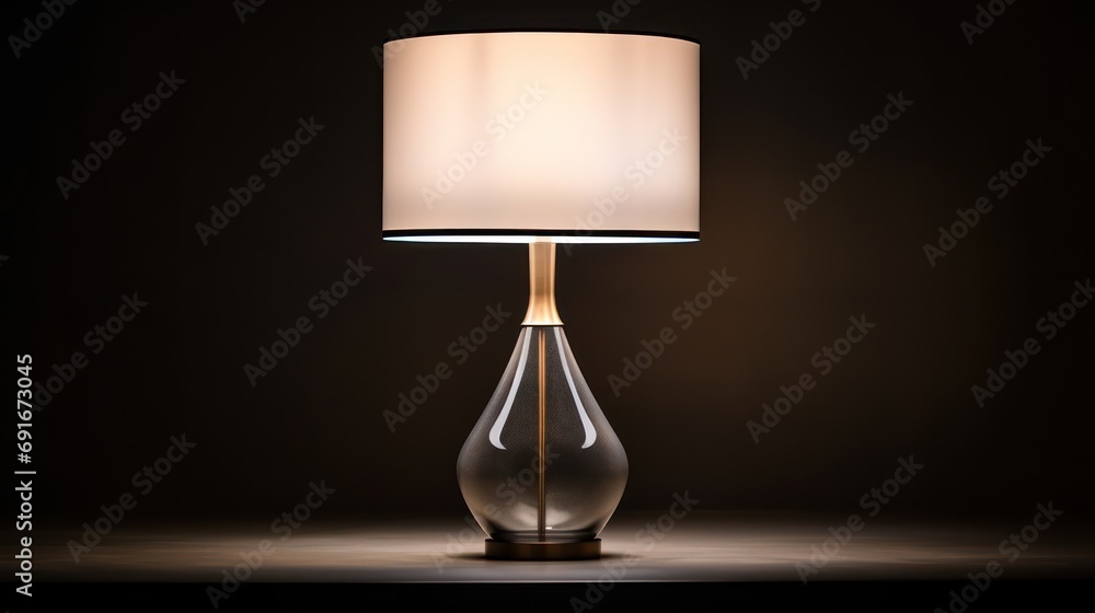 Poster a glass table lamp with a white shade on a dark background with a dim light on the bottom of the lam