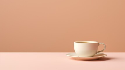  a coffee cup sitting on top of a saucer on top of a pink table next to a white plate with a spoon and fork on top of a pink table.