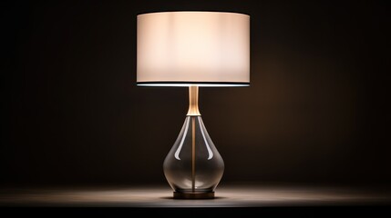  a glass table lamp with a white shade on a dark background with a dim light on the bottom of the lamp and a white shade on the top of the lamp.