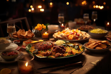 A plate of diverse international cuisines, embodying the tradition of enjoying a feast with loved ones to welcome the new year. Concept of cultural unity and shared meals. Generative Ai.