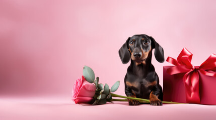 dachshund dog looking to camera by present and holding rose over pink background with copy space