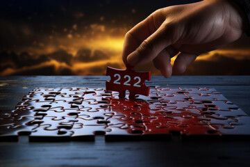 A pair of hands assembling a jigsaw puzzle with the words "2023" coming together, signifying the unity of past and future. Concept of continuity and progression. Generative Ai.