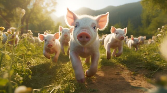 A group of playful rescued piglets enjoying their newfound freedom in a spacious sanctuary