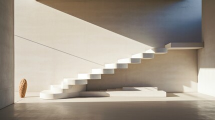  a set of white stairs leading up to the top floor of a room with light coming in from a window on the side of the wall and a door on the other side of the wall.