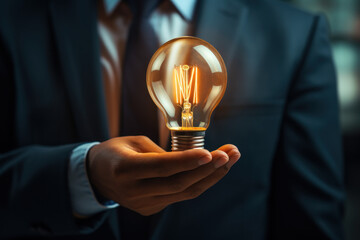 A close-up of a businessman's hand holding a lightbulb, symbolizing the idea generation and innovation in business. Concept of creative thinking. Generative Ai.