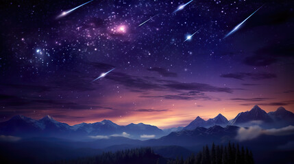falling shooting stars on sky, realistic fairytale artwork