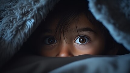 A young girl with a fearful expression peeks out from under a blanket, her eyes wide with trepidation.