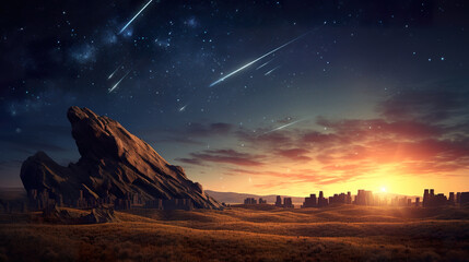 a lot of shooting stars on the sky, realistic fairytale wallpaper - obrazy, fototapety, plakaty