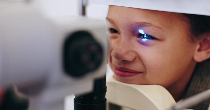 Healthcare, ophthalmoloscope and child for vision for eye test in optometrist office for glasses, lens or spectacles. Face, little girl and kid with consult for correction, myopia or glaucoma by exam