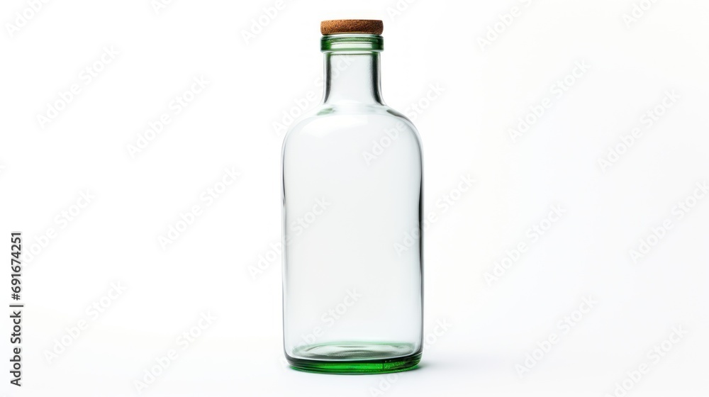 Poster a glass bottle with a corked top on a white background with a reflection of the bottom of the bottle