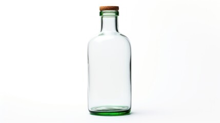  a glass bottle with a corked top on a white background with a reflection of the bottom of the bottle and the bottom half of the bottle with a cork.