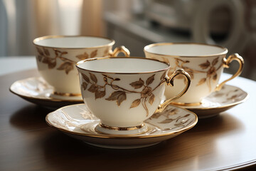 A set of elegant porcelain teacups and saucers arranged on a tabletop, representing refined tea...