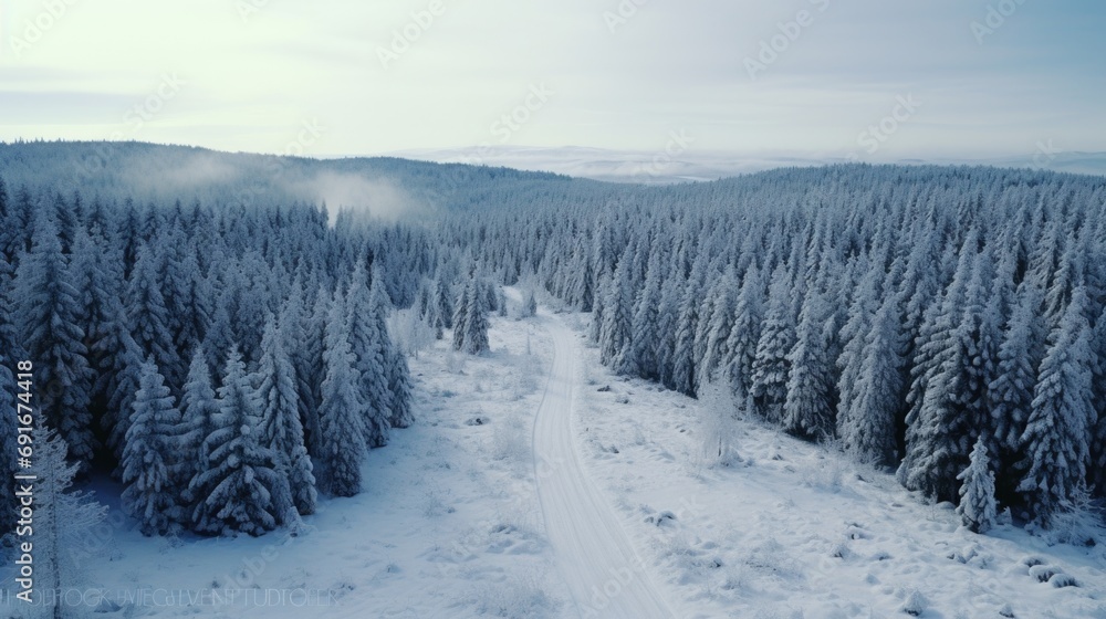 Aufkleber a picture of a snow-covered forest filled with lots of trees. this image can be used to depict a win
