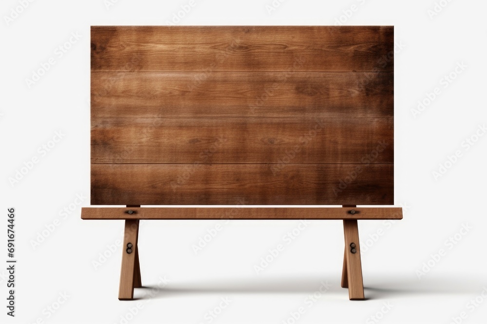 Poster A simple wooden easel with a piece of wood resting on it. Suitable for displaying artwork or signage