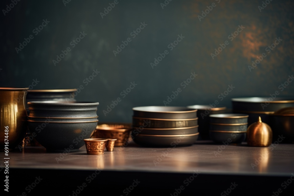 Poster A collection of various bowls and cups arranged on a table. Perfect for food and drink concepts or table setting ideas