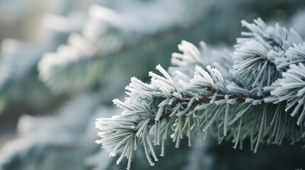  a close up of a branch of a pine tree with snow on the top of it and a blurry background of pine needles and branches in the foreground.