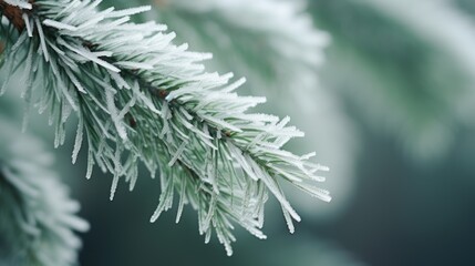  a close up of a branch of a pine tree with snow on it's needles and a blurry background of pine needles and needles in the foreground.