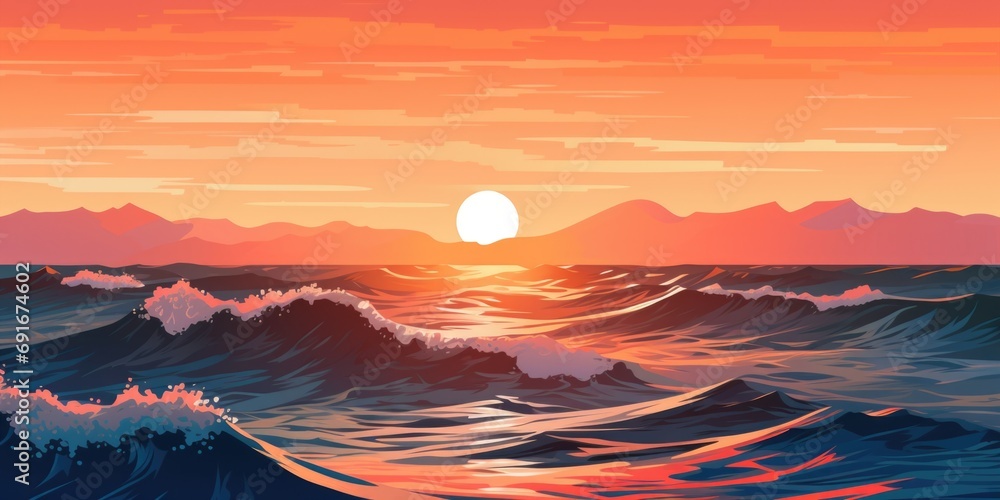 Poster A beautiful painting capturing the vibrant colors of a sunset over the ocean. Perfect for adding a serene and calming atmosphere to any space