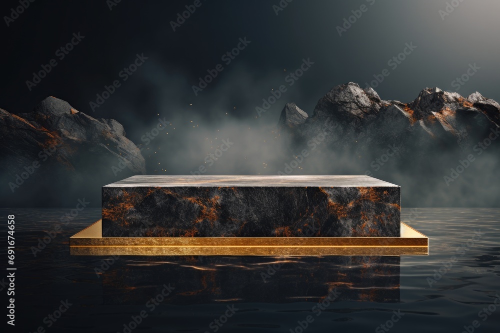 Poster A stone bench sitting in the middle of a body of water. Perfect for adding a peaceful and serene touch to any project