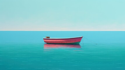  a red and white boat floating on top of a large body of water next to a green and blue sky with a small boat in the middle of the water.