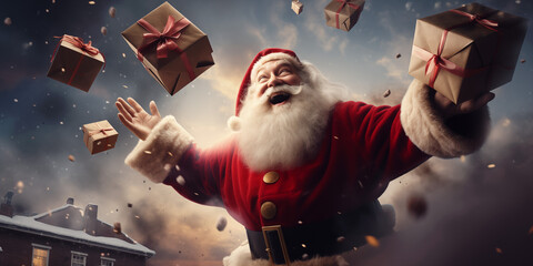 Weihnachtsmann verteilt Geschenke am Heiligabend - obrazy, fototapety, plakaty