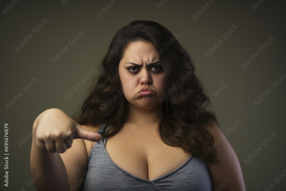Poster a woman wearing a tank top is pointing directly at the camera. this image can be used to depict conf