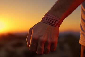 A person wearing a pink bracelet on their wrist. Can be used to represent fashion accessories or personal style - obrazy, fototapety, plakaty