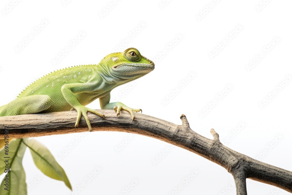 Poster a green lizard sitting on top of a tree branch. perfect for nature enthusiasts and reptile lovers