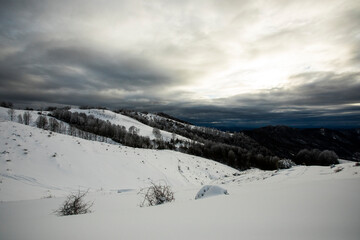 Obraz premium Winter snowfall in Collada De Bracons and Puigsacalm peak, La Garrotxa, Girona, Spain