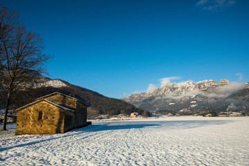 Winter snowfall in La Vall D En Bas and Puigsacalm peak, La Garrotxa, Girona, Spain