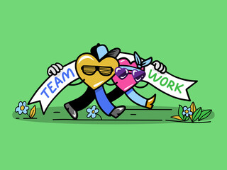 Fototapeta premium Two hearts confidently moving forward and holding the inscription Teamwork Valentine's Day theme. Vector image.