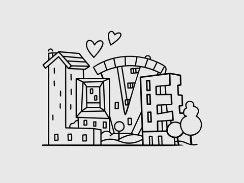 Vector image of houses in the theme of Valentine's Day 