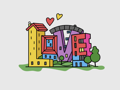 Vector image of houses in the theme of Valentine's Day 