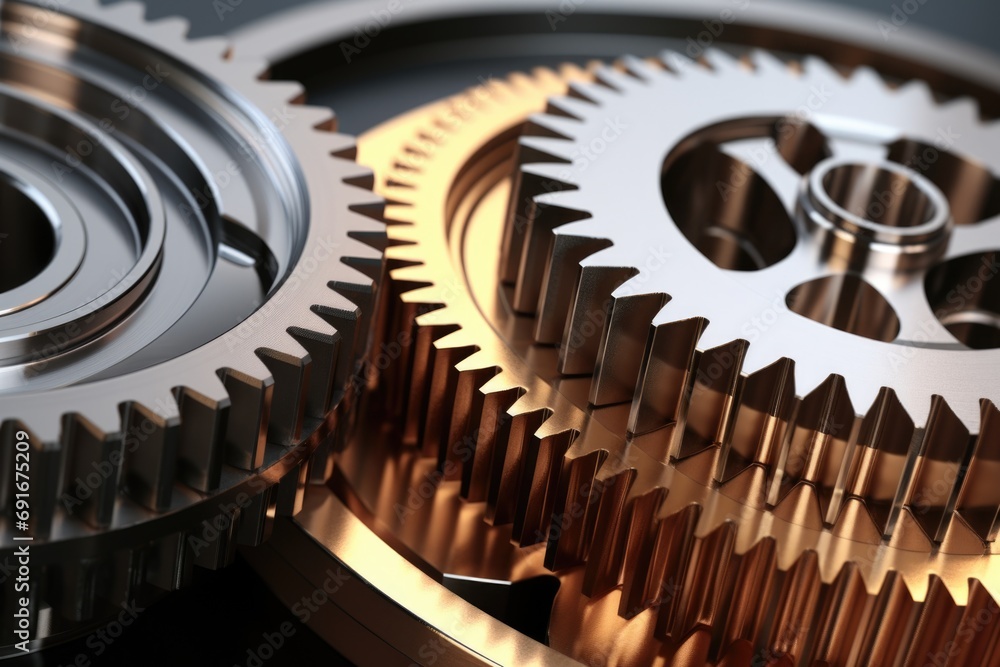 Poster Two gears displayed in a close-up shot on a table. Ideal for industrial and mechanical concepts