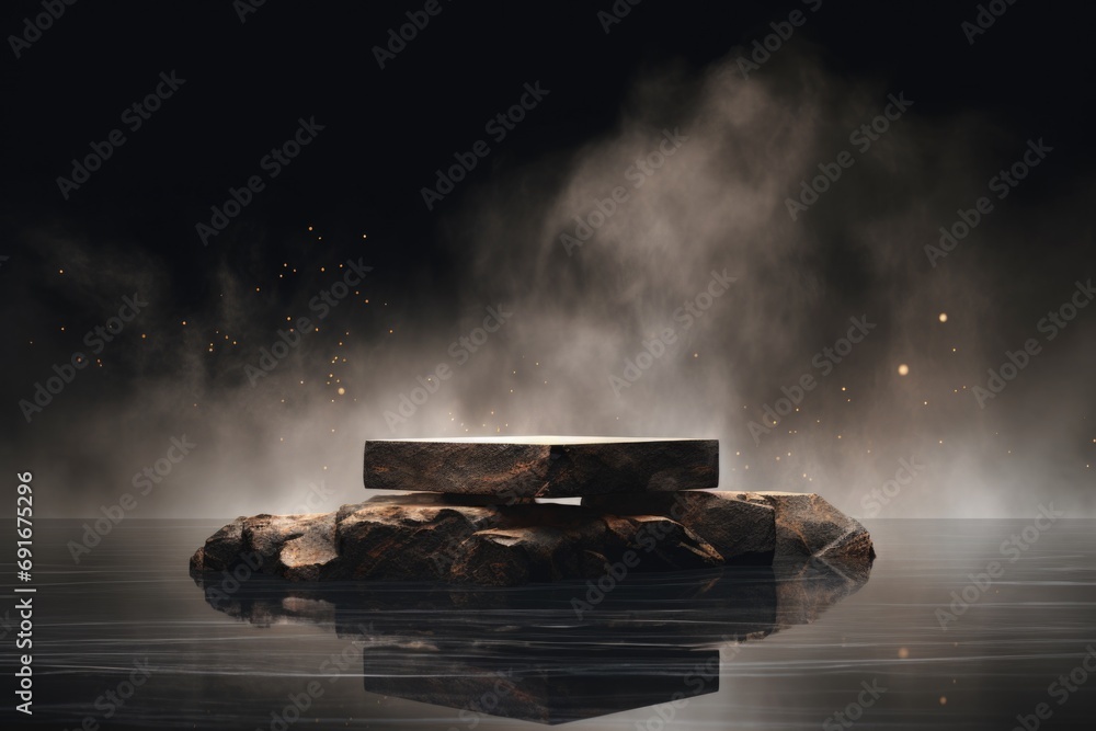 Aufkleber a bench sitting on top of a rock in the water. can be used to depict a peaceful and serene natural s