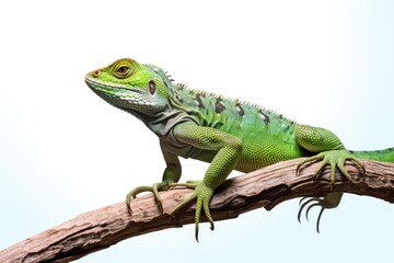 Fototapeta premium A green lizard perched on a tree branch. Perfect for nature enthusiasts and reptile lovers