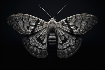A detailed close-up view of a moth on a black background. This image can be used to illustrate the beauty and intricacy of nature. - obrazy, fototapety, plakaty