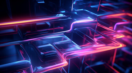Neon colored cubicals and light strips with reflective windows, in the style of rendered in cinema4d, dark blue and pink, impressionistic still-life, smooth and curved lines, shallow depth of field - obrazy, fototapety, plakaty