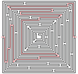 Square shaped labyrinth design with solution inside. Vector graphic illustration of easy and fun maze (labyrinth) game.