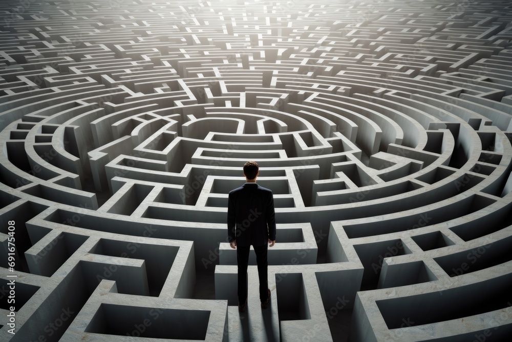 Poster A man standing in front of a maze, ready to tackle the challenge. Suitable for business, problem-solving, and decision-making concepts