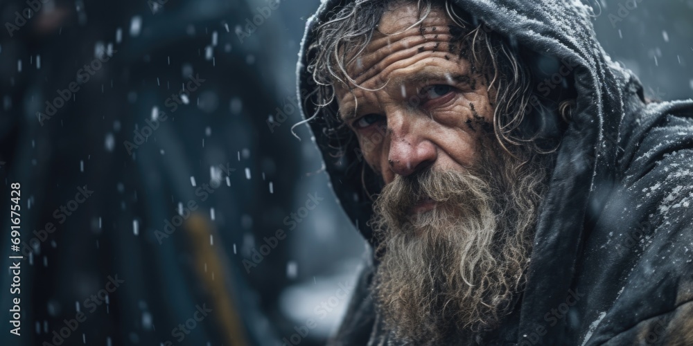 Poster a man with a long beard wearing a hooded jacket. suitable for various concepts and themes
