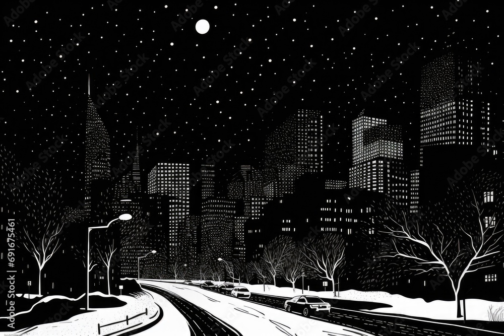 Poster A black and white drawing depicting a cityscape at night. This image can be used to add a touch of elegance and sophistication to various design projects