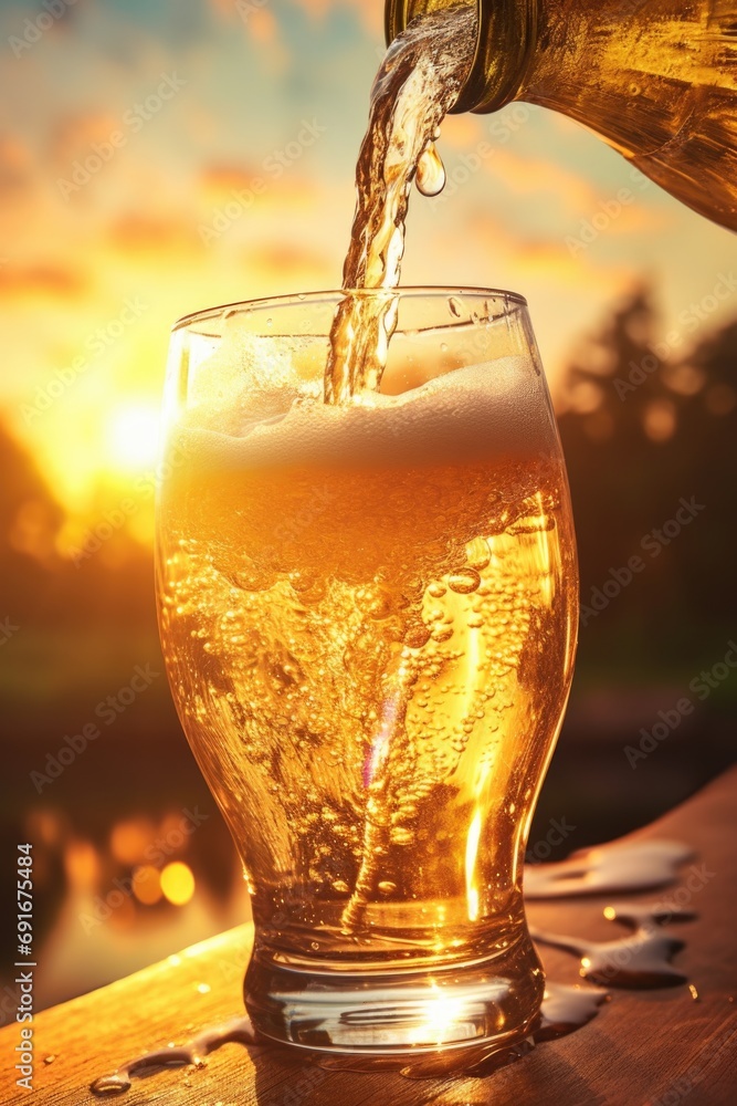 Poster a glass of beer being poured into another glass. perfect for illustrating the process of pouring bee