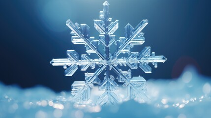 A detailed close-up of a snowflake on a vibrant blue background. Perfect for winter-themed designs and holiday promotions