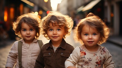 Three young children standing in a street, wearing colorful clothes and smiling happily.