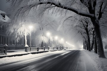 A black and white photograph capturing the beauty of a snowy street. This versatile image can be...