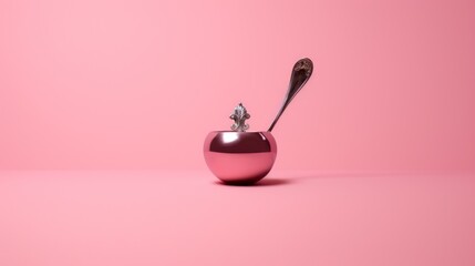  a pink apple with a spoon sticking out of it's side on a light pink background with a shadow of a spoon sticking out of the top of the apple. - obrazy, fototapety, plakaty
