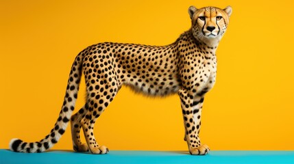  a cheetah standing on a blue surface in front of a yellow and orange background with a black spot on the front of the cheetah's head.